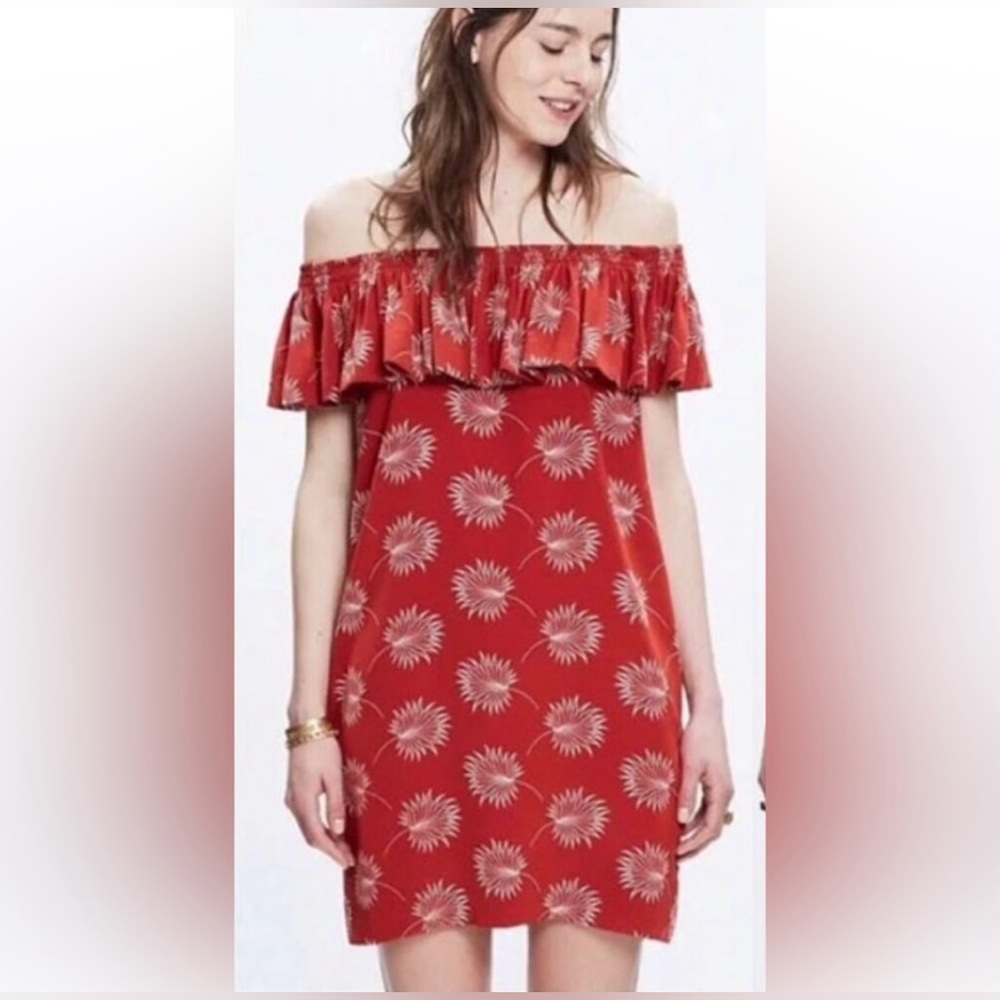 Madewell Red Off-Shoulder Dress with White Floral Pattern Size M